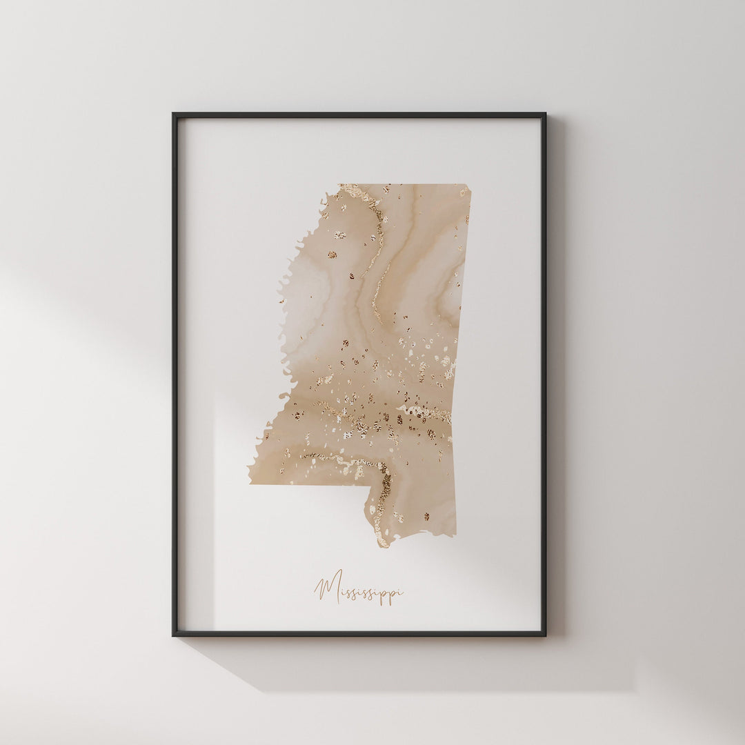 Mississippi Map Beige & Gold Wall Art Print | US State | USA | United States of America