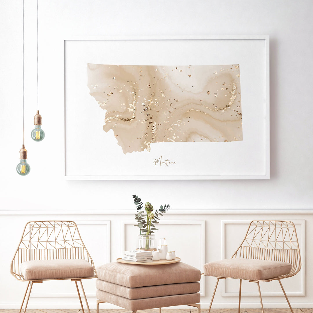 Montana Map Beige & Gold Wall Art Print | US State | USA | United States of America