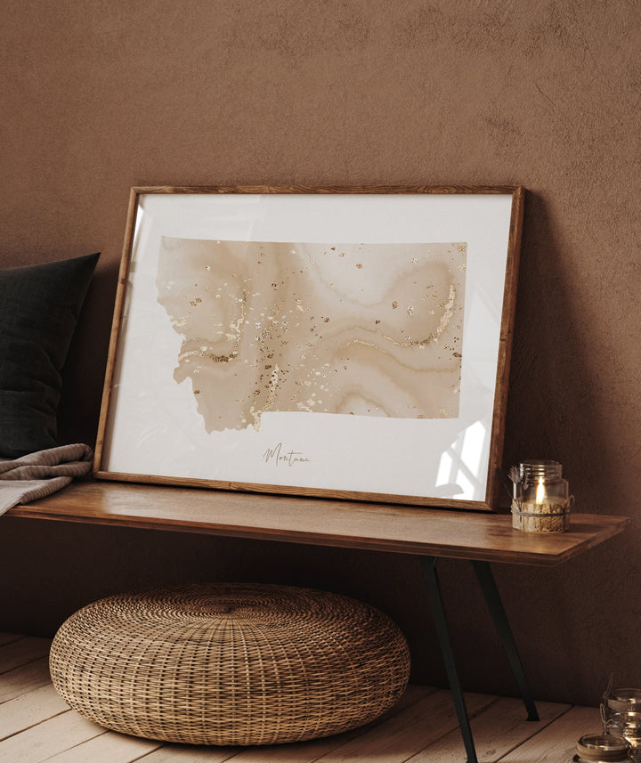 Montana Map Beige & Gold Wall Art Print | US State | USA | United States of America