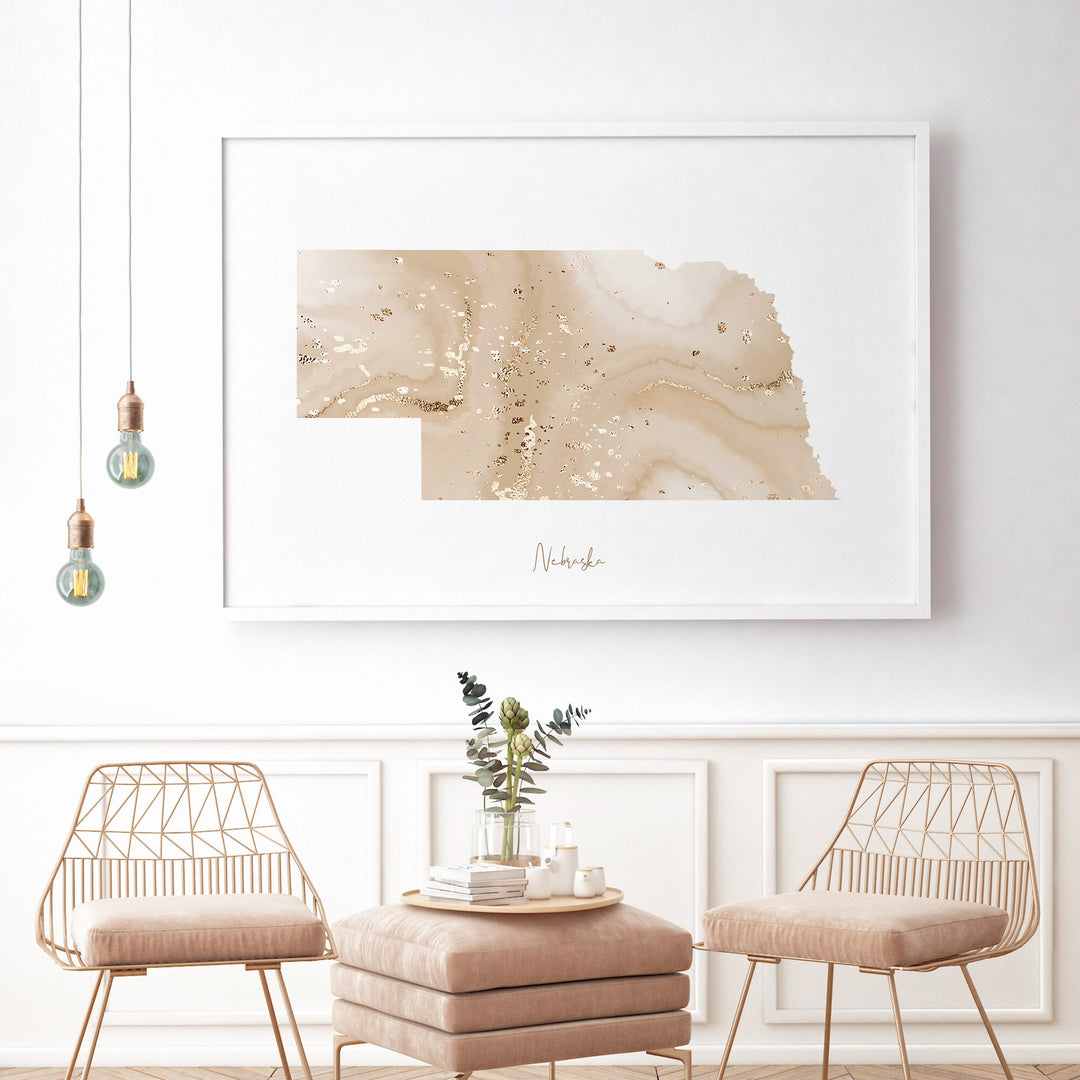Nebraska Map Beige & Gold Wall Art Print | US State | USA | United States of America