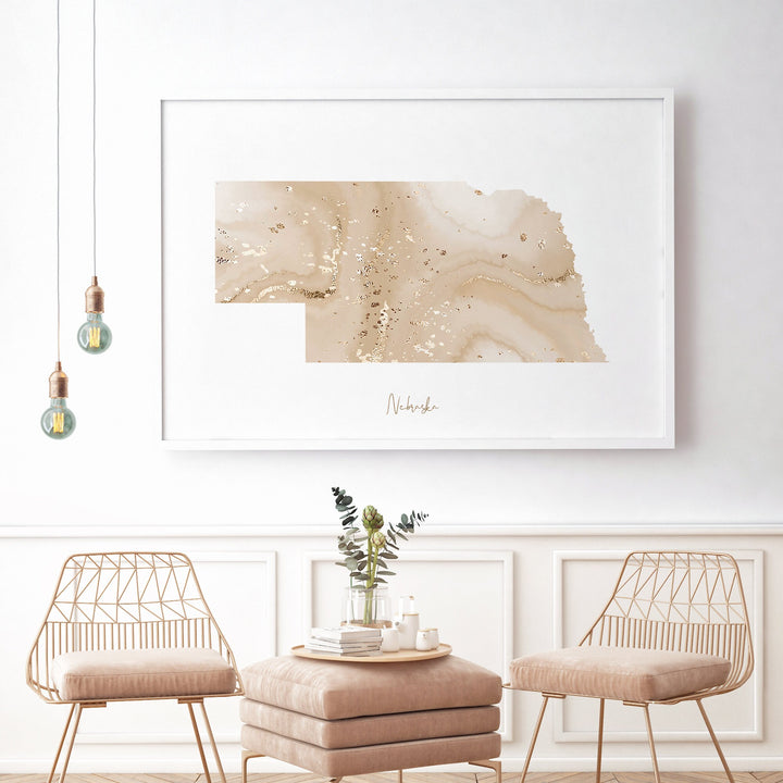 Nebraska Map Beige & Gold Wall Art Print | US State | USA | United States of America