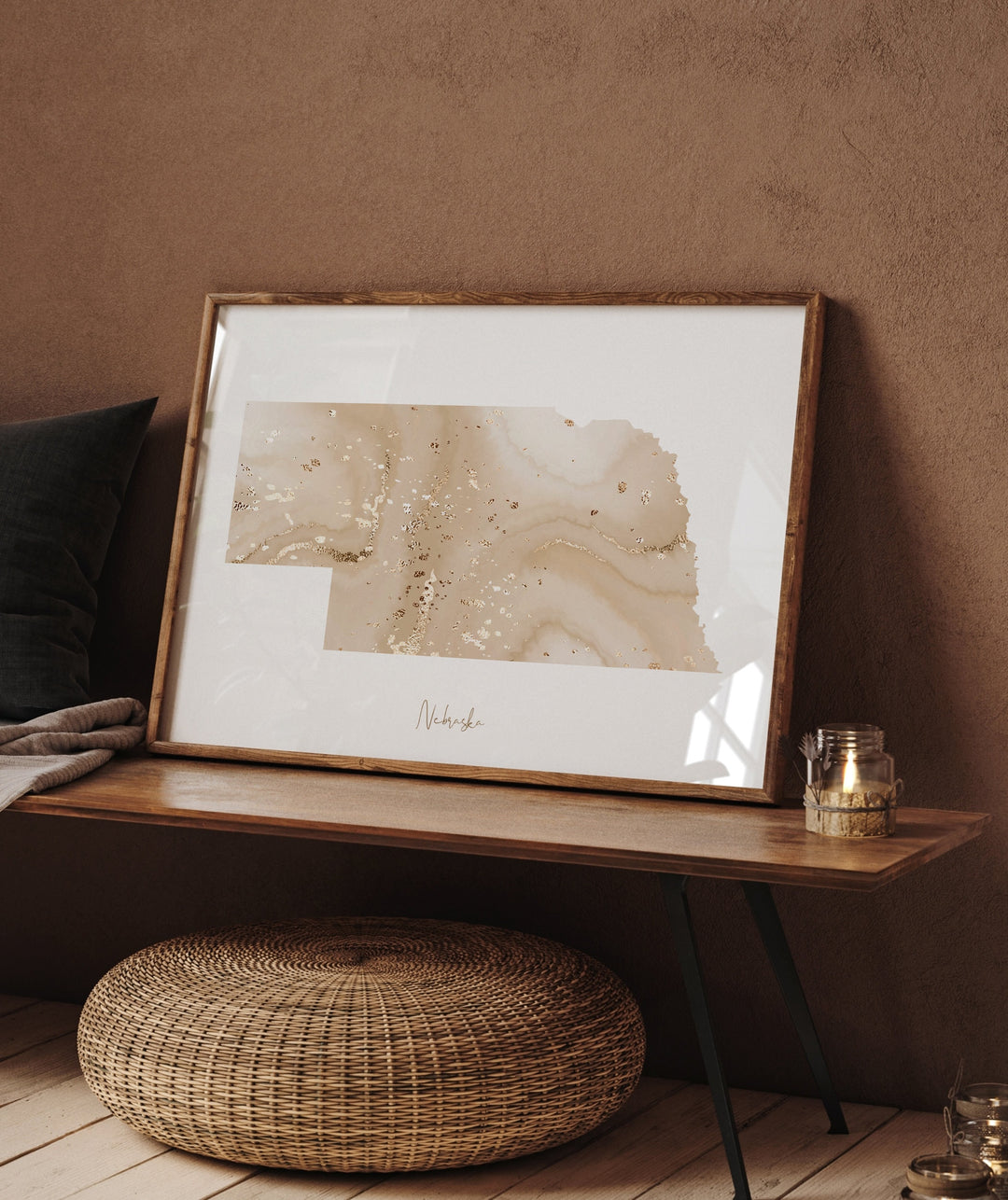 Nebraska Map Beige & Gold Wall Art Print | US State | USA | United States of America