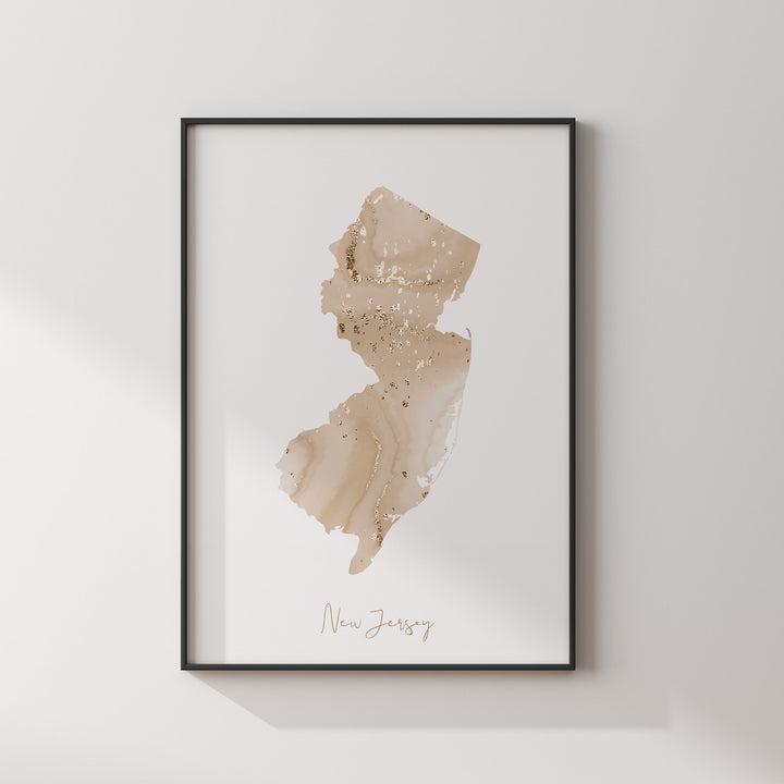 New Jersey Map Beige & Gold Wall Art Print | US State | USA | United States of America