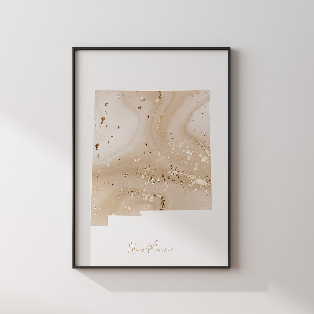 New Mexico Map Beige & Gold Wall Art Print | US State | USA | United States of America