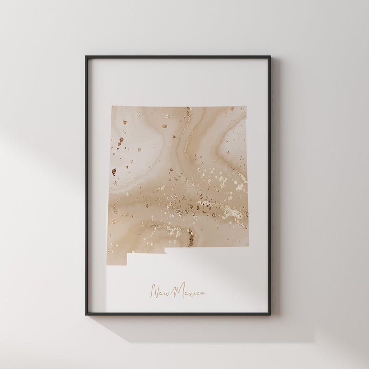 New Mexico Map Beige & Gold Wall Art Print | US State | USA | United States of America