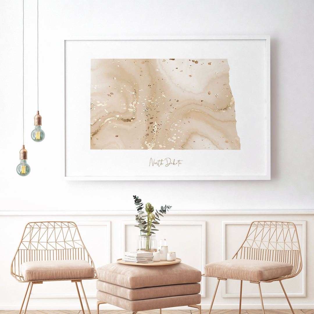 North Dakota Map Beige & Gold Wall Art Print | US State | USA | United States of America