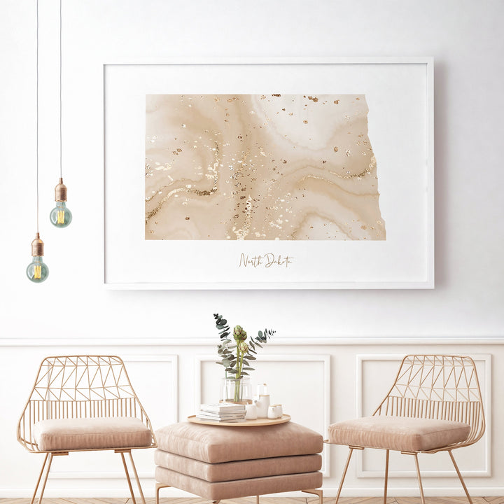 North Dakota Map Beige & Gold Wall Art Print | US State | USA | United States of America