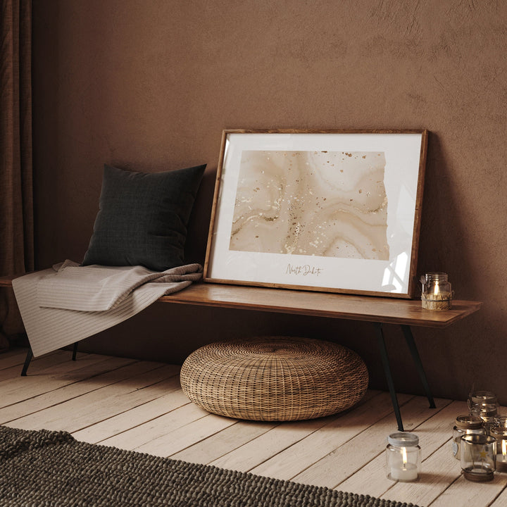 North Dakota Map Beige & Gold Wall Art Print | US State | USA | United States of America