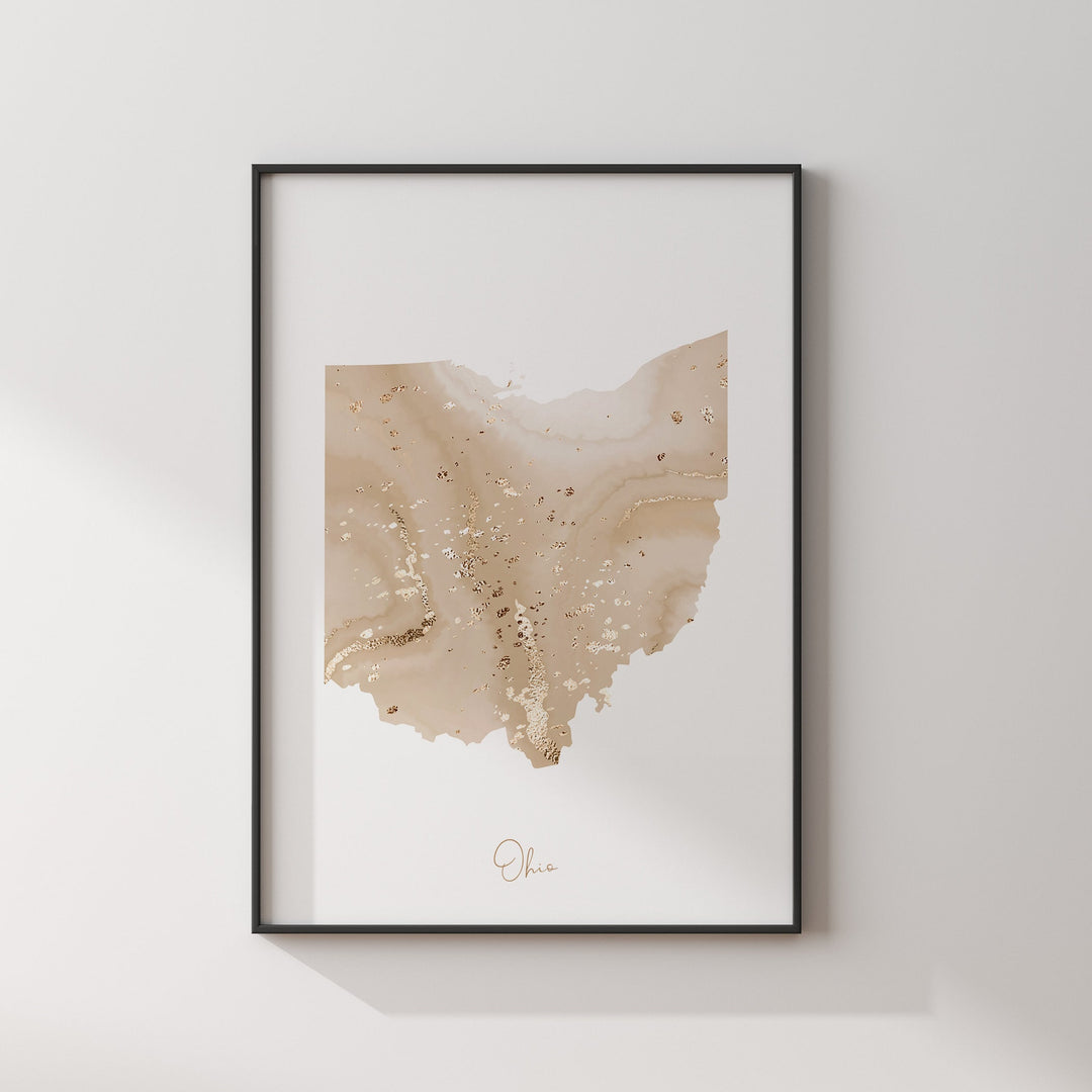 Ohio Map Beige & Gold Wall Art Print | US State | USA | United States of America