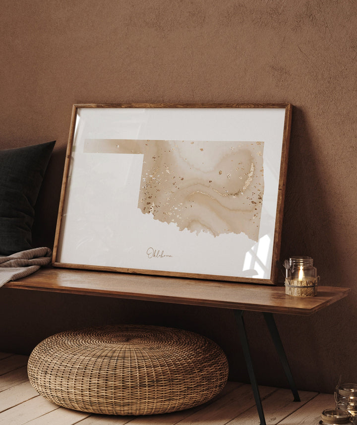 Oklahoma Map Beige & Gold Wall Art Print | US State | USA | United States of America