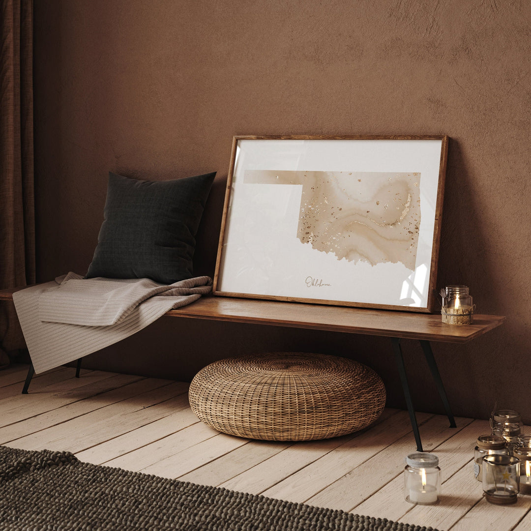 Oklahoma Map Beige & Gold Wall Art Print | US State | USA | United States of America