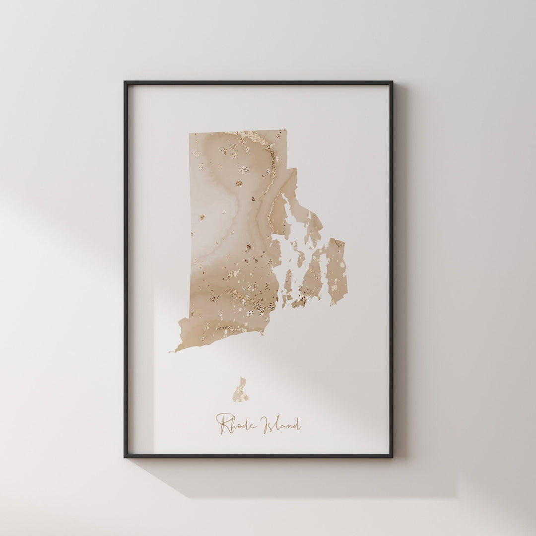 Rhode Island Map Beige & Gold Wall Art Print | US State | USA | United States of America
