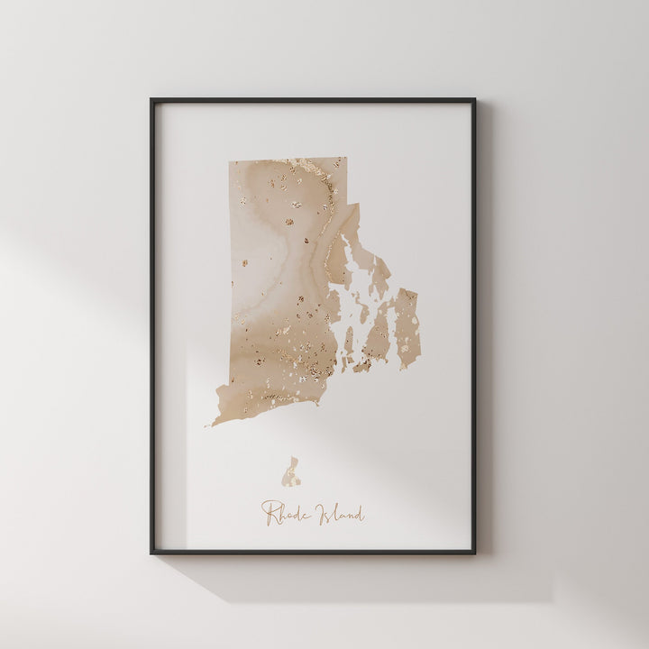 Rhode Island Map Beige & Gold Wall Art Print | US State | USA | United States of America
