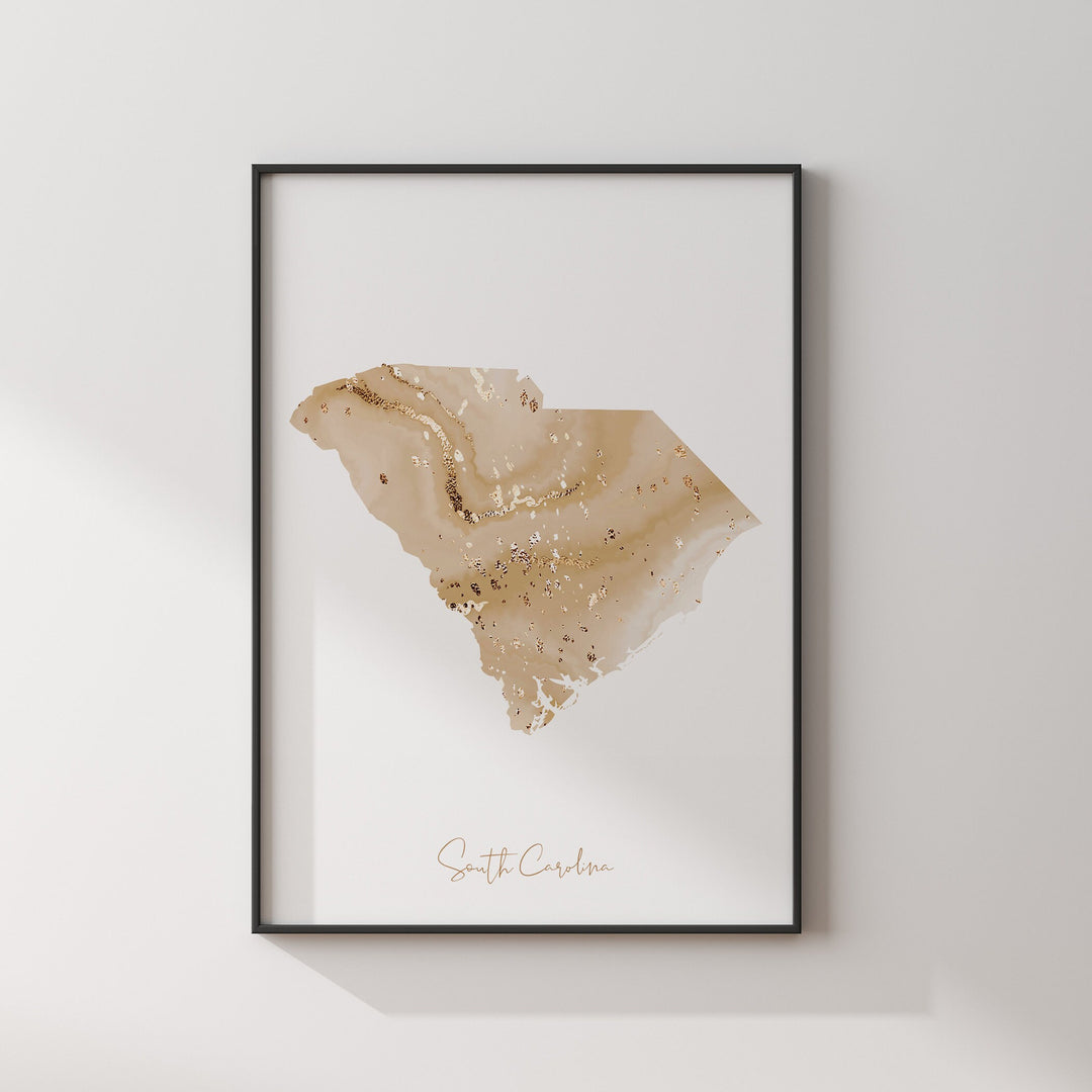South Carolina Map Beige & Gold Wall Art Print | US State | USA | United States of America