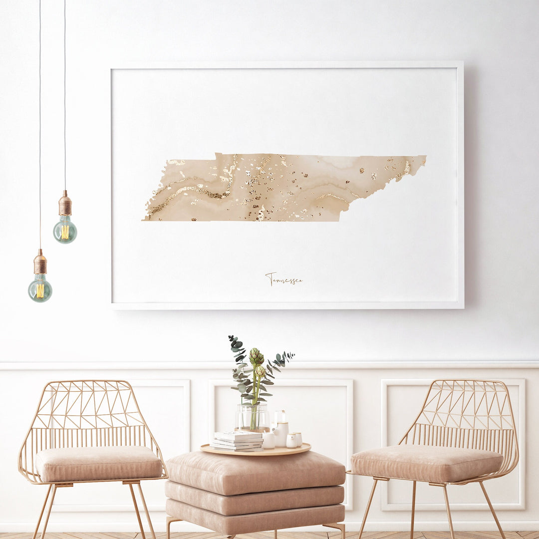 Tennessee Map Beige & Gold Wall Art Print | US State | USA | United States of America