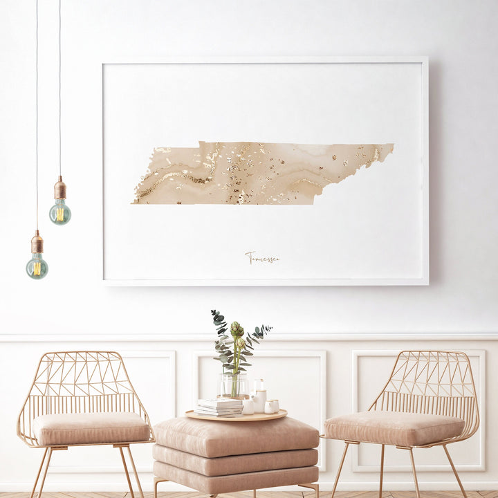 Tennessee Map Beige & Gold Wall Art Print | US State | USA | United States of America