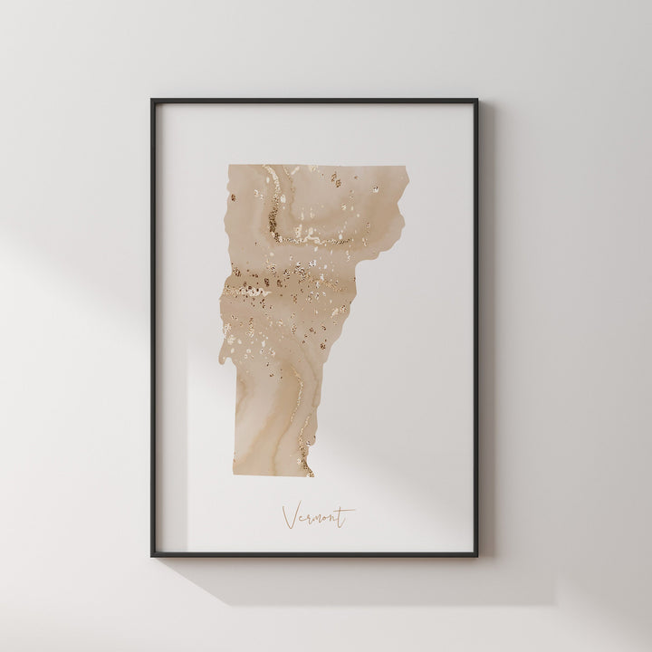 Vermont Map Beige & Gold Wall Art Print | US State | USA | United States of America