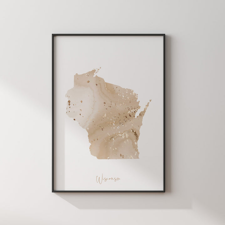 Wisconsin Map Beige & Gold Wall Art Print | US State | USA | United States of America