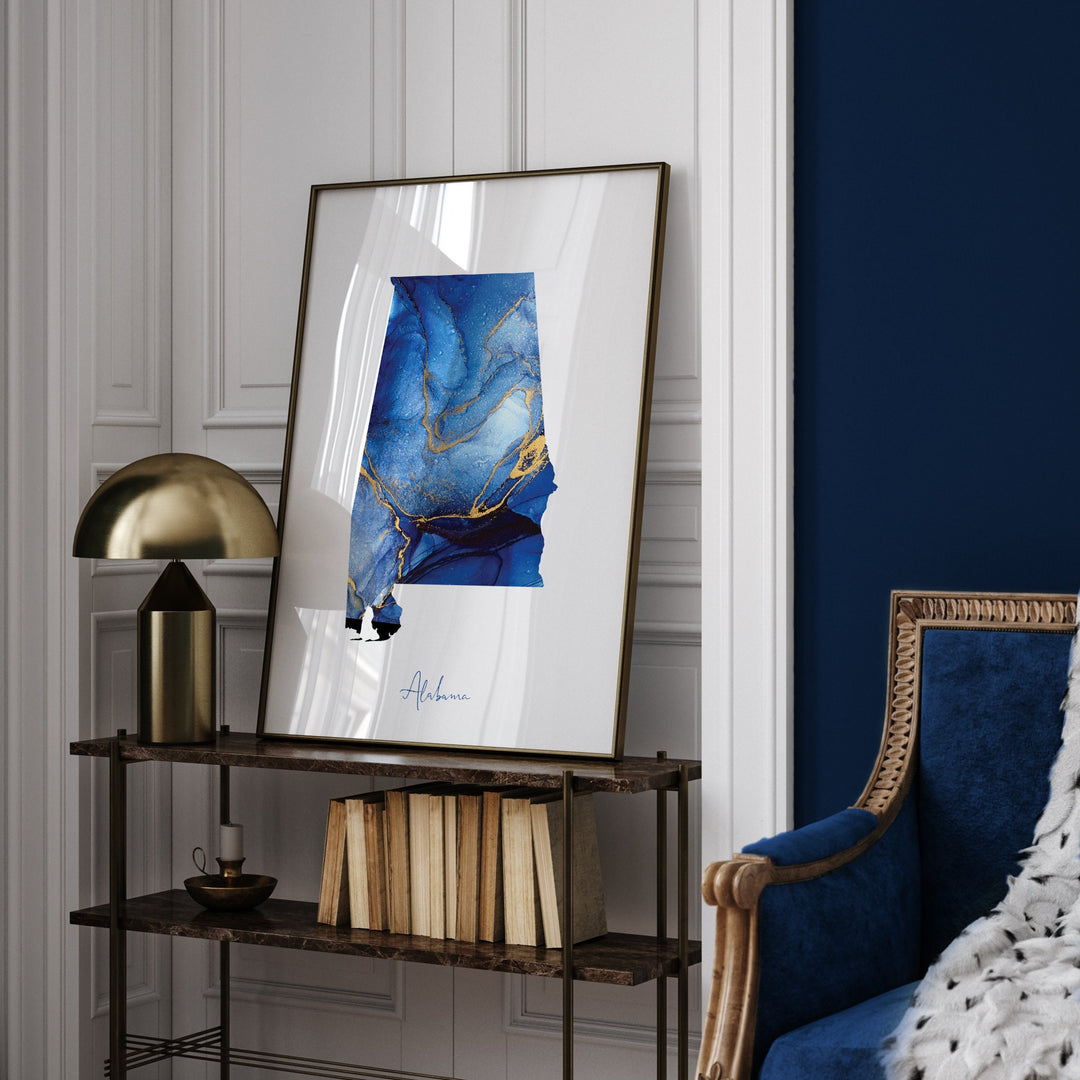 Alabama Map Blue and Gold Wall Art Print | US State | United States of America | USA