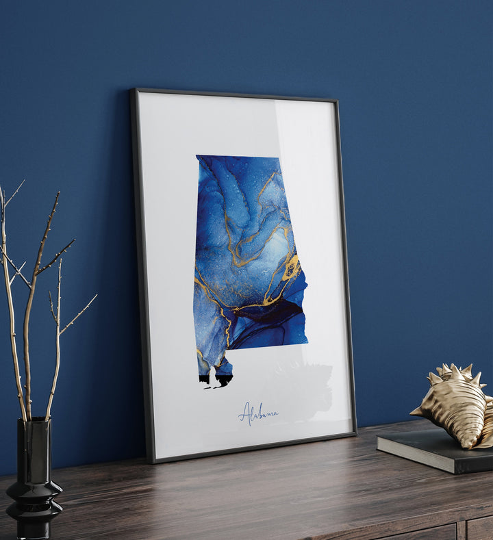 Alabama Map Blue and Gold Wall Art Print | US State | United States of America | USA