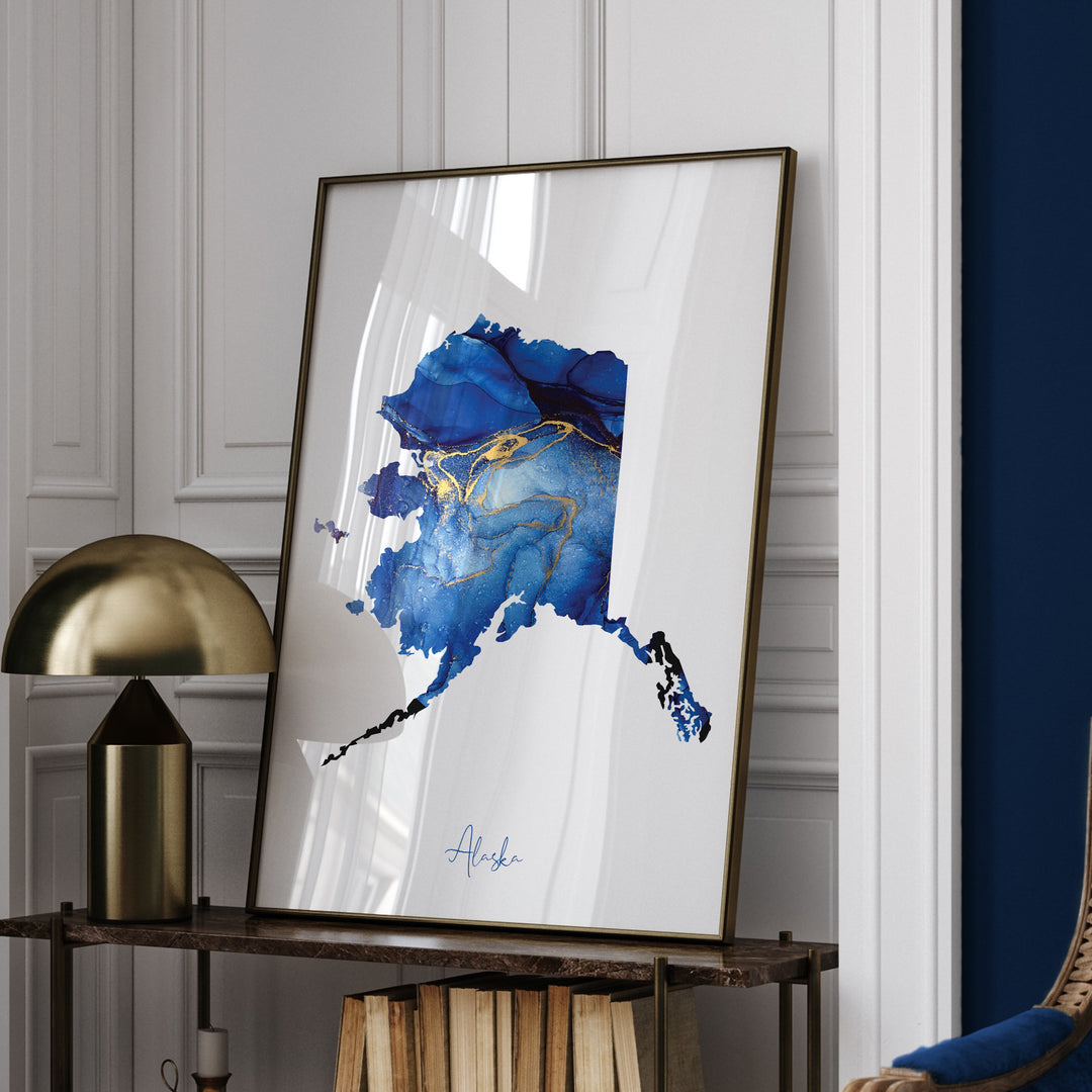 Alaska Map Blue and Gold Wall Art Print | US State | United States of America | USA
