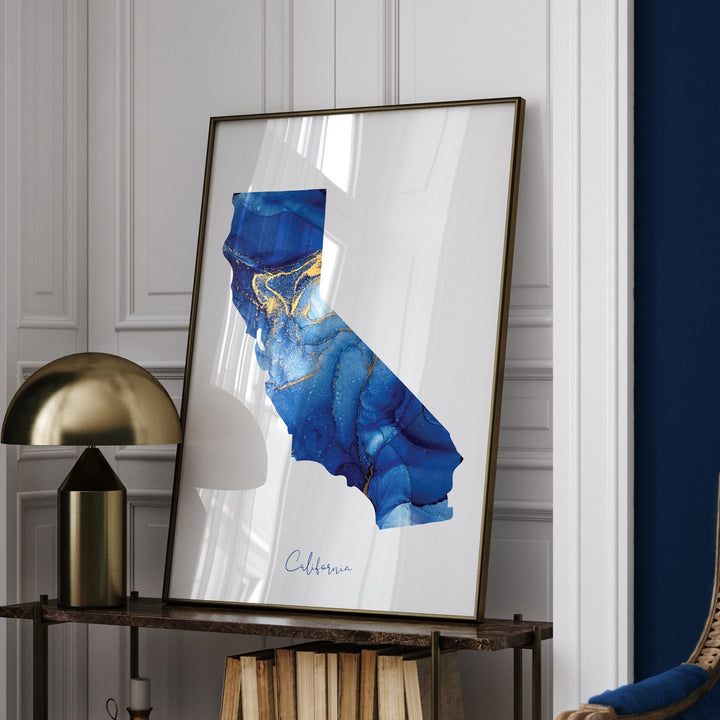 California Map Blue and Gold Wall Art Print | US State | United States of America | USA