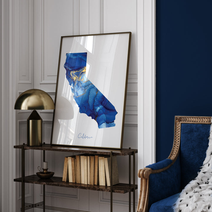 California Map Blue and Gold Wall Art Print | US State | United States of America | USA