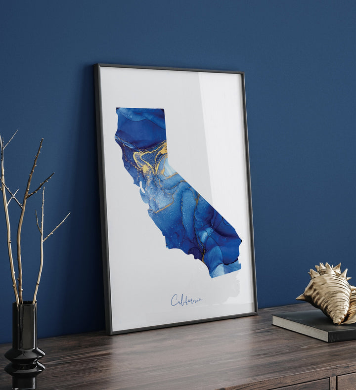California Map Blue and Gold Wall Art Print | US State | United States of America | USA