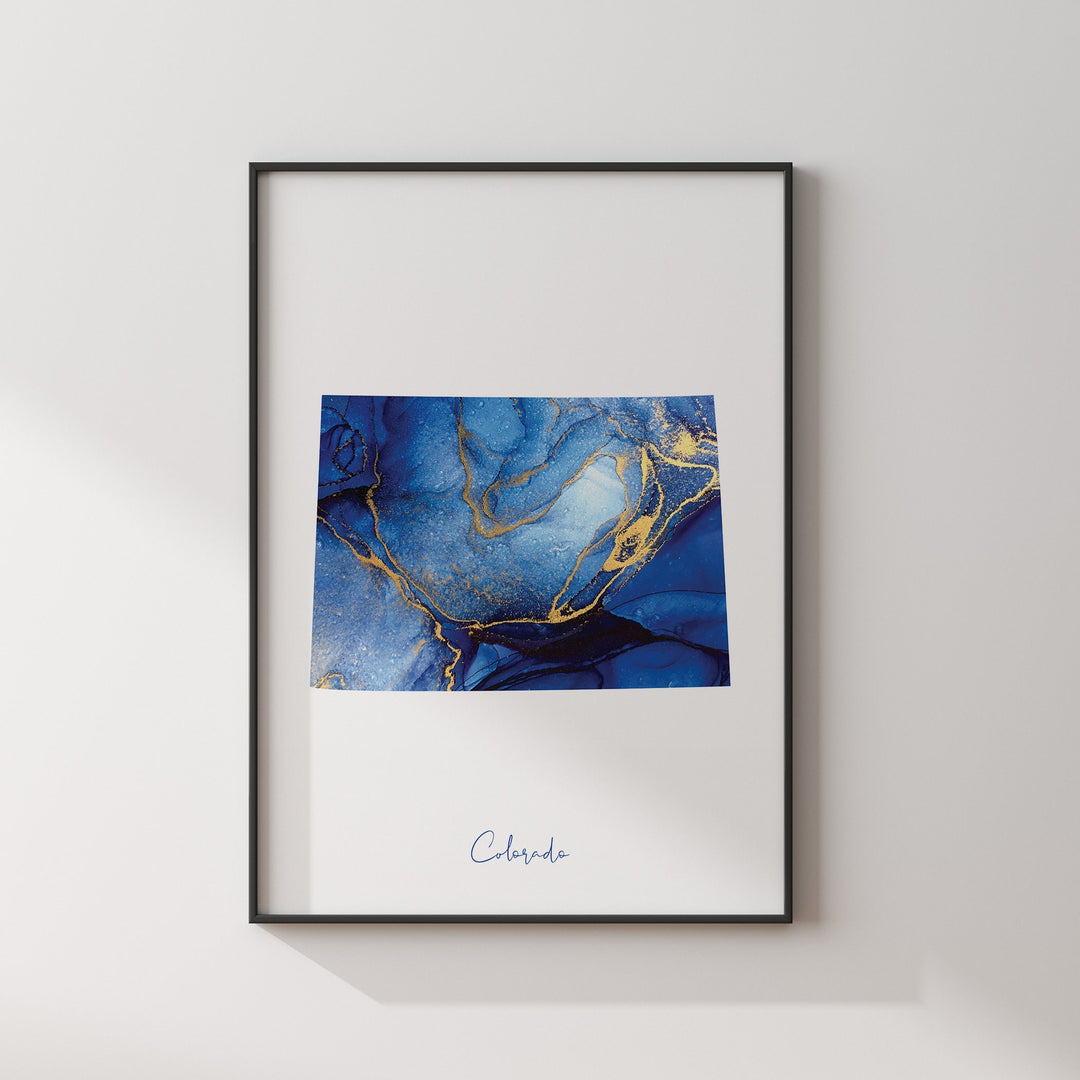 Colorado Map Blue and Gold Wall Art Print | US State | United States of America | USA