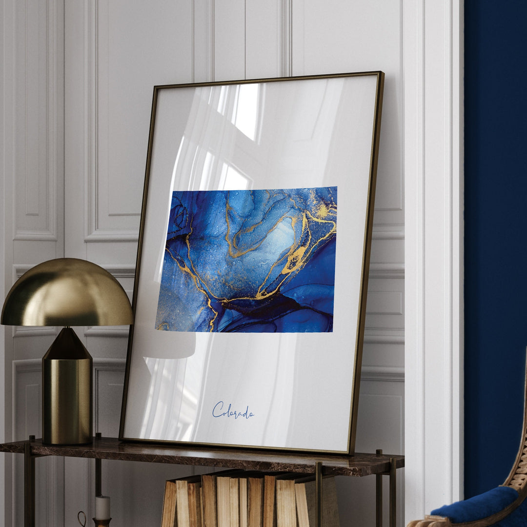 Colorado Map Blue and Gold Wall Art Print | US State | United States of America | USA