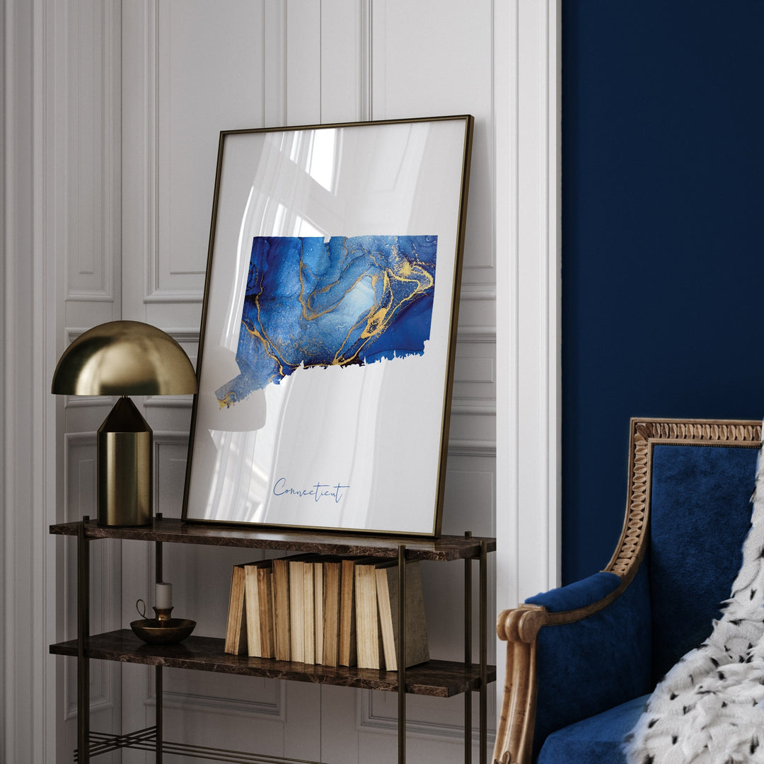 Connecticut Map Blue and Gold Wall Art Print | US State | United States of America | USA