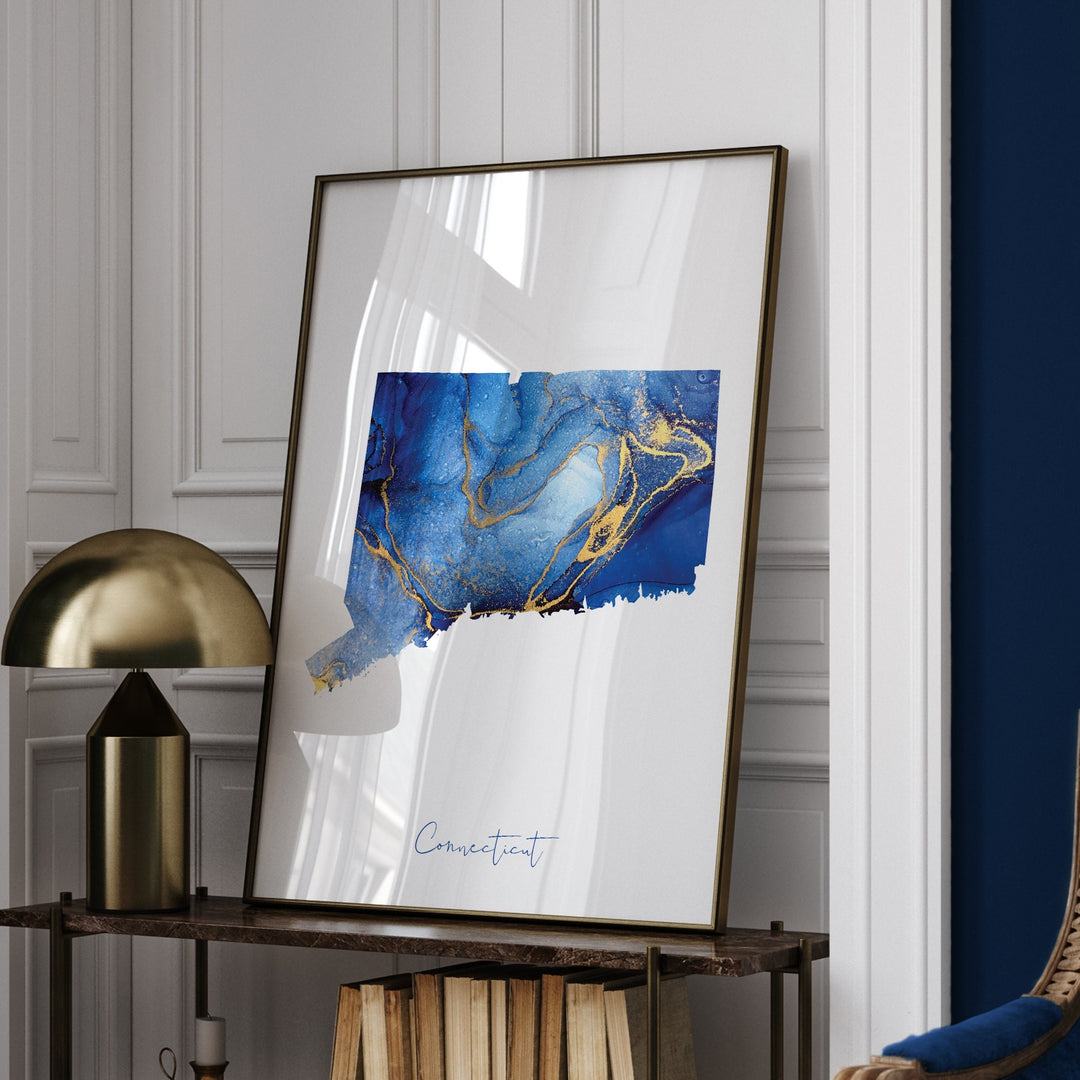 Connecticut Map Blue and Gold Wall Art Print | US State | United States of America | USA