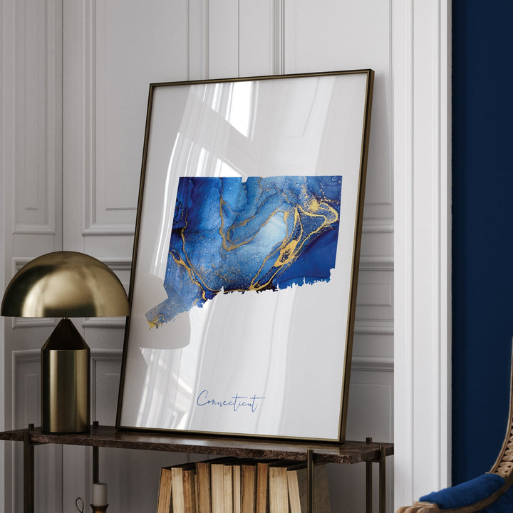 Connecticut Map Blue and Gold Wall Art Print | US State | United States of America | USA