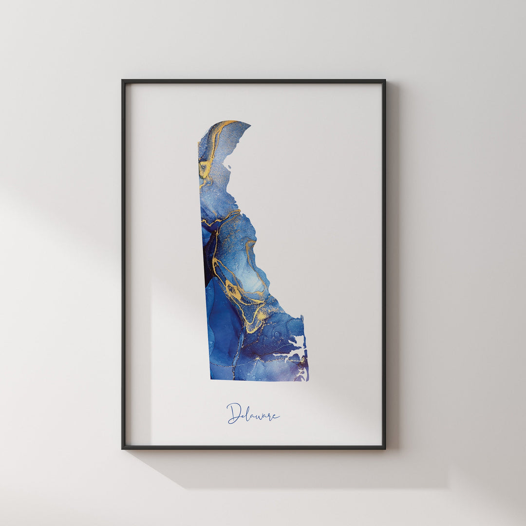 Delaware Map Blue and Gold Wall Art Print | US State | United States of America | USA