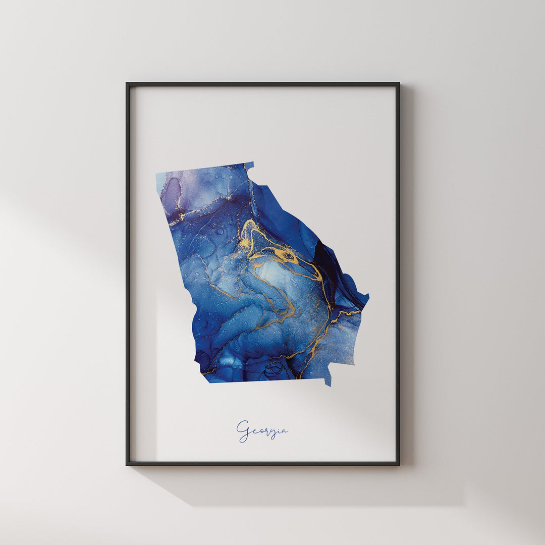 Georgia Map Blue and Gold Wall Art Print | US State | United States of America | USA