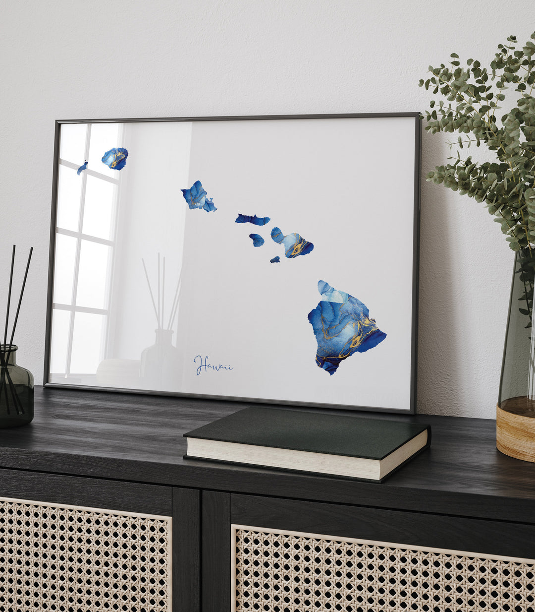 Hawaii Map Blue and Gold Wall Art Print | US State | United States of America | USA