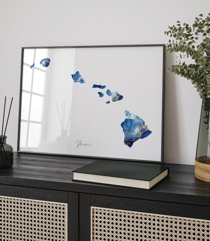 Hawaii Map Blue and Gold Wall Art Print | US State | United States of America | USA