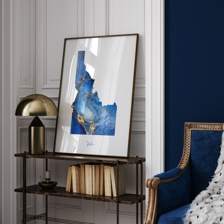 Idaho Map Blue and Gold Wall Art Print | US State | United States of America | USA