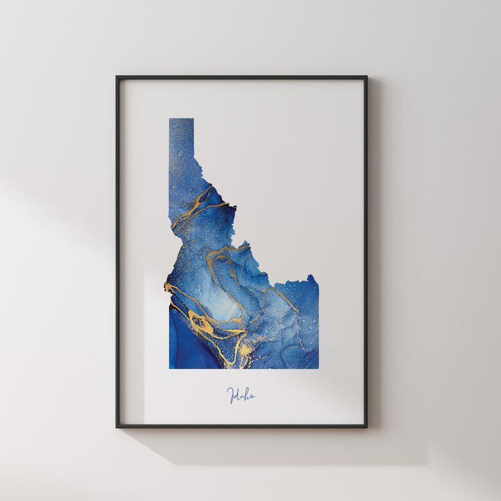 Idaho Map Blue and Gold Wall Art Print | US State | United States of America | USA