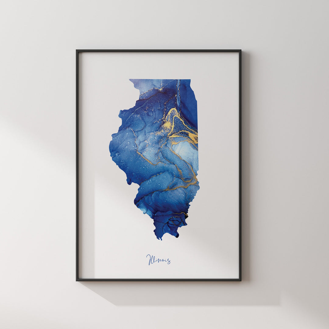 Illinois Map Blue and Gold Wall Art Print | US State | United States of America | USA