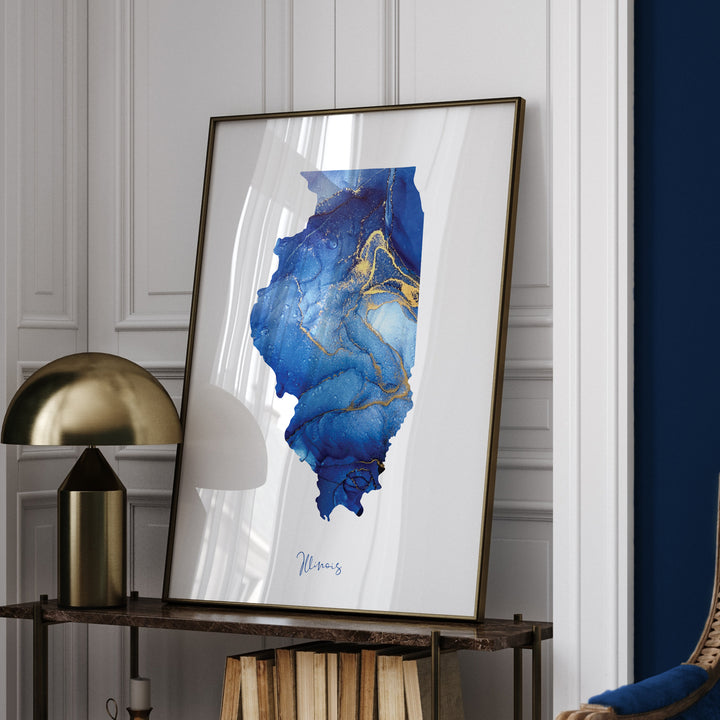 Illinois Map Blue and Gold Wall Art Print | US State | United States of America | USA