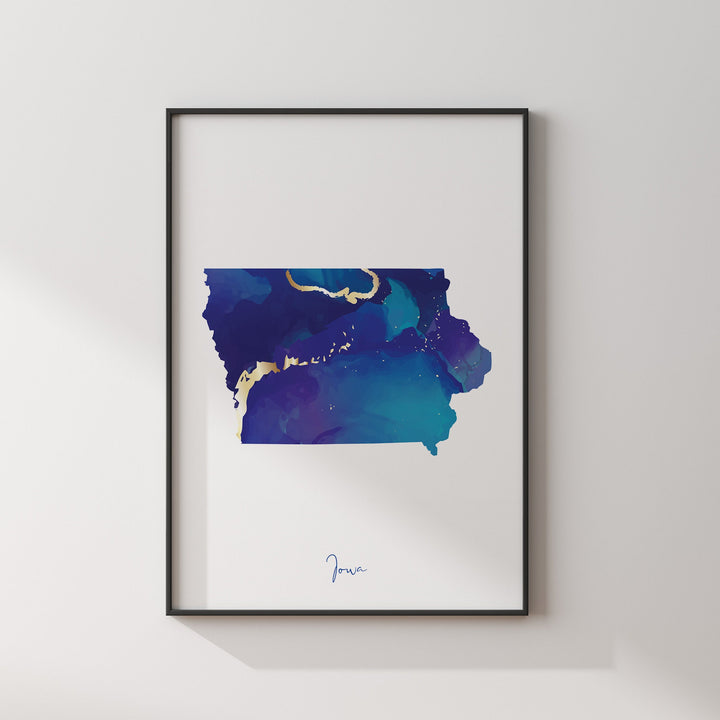 Iowa Map Blue and Gold Wall Art Print | US State | United States of America | USA
