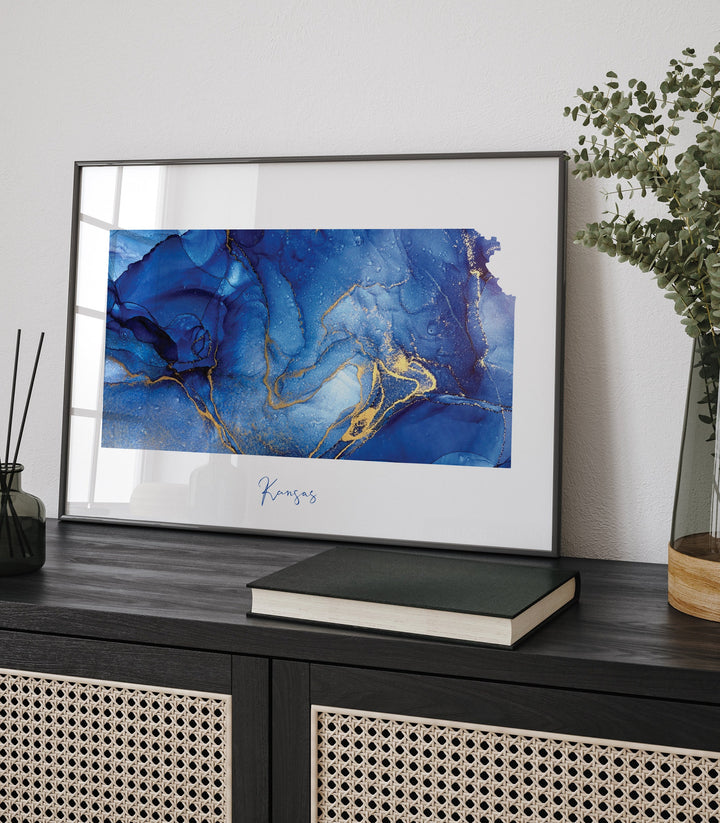 Kansas Map Blue and Gold Wall Art Print | US State | United States of America | USA