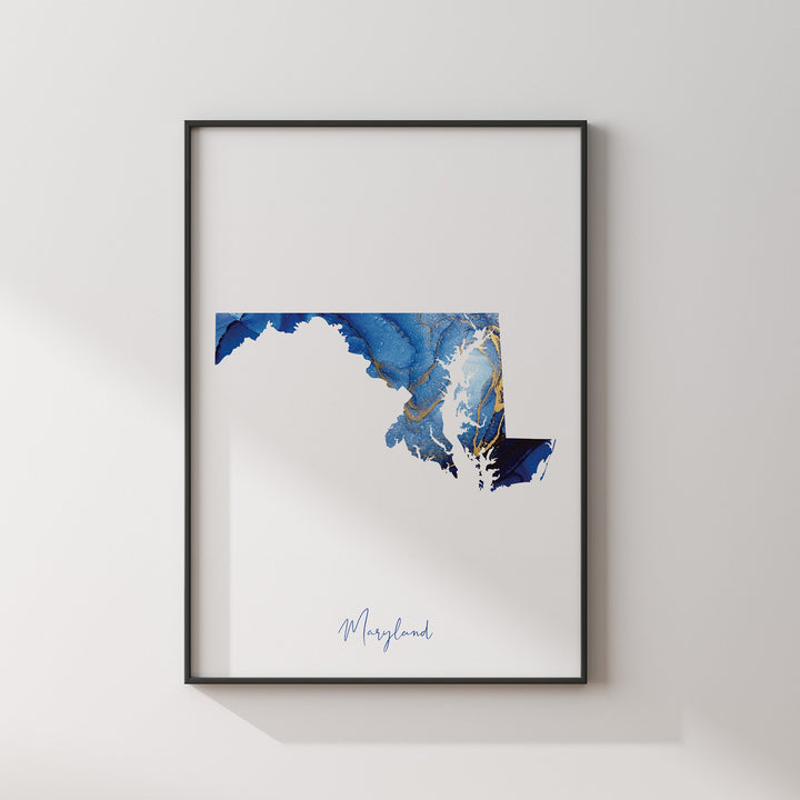 Maryland Map Blue and Gold Wall Art Print | US State | United States of America | USA