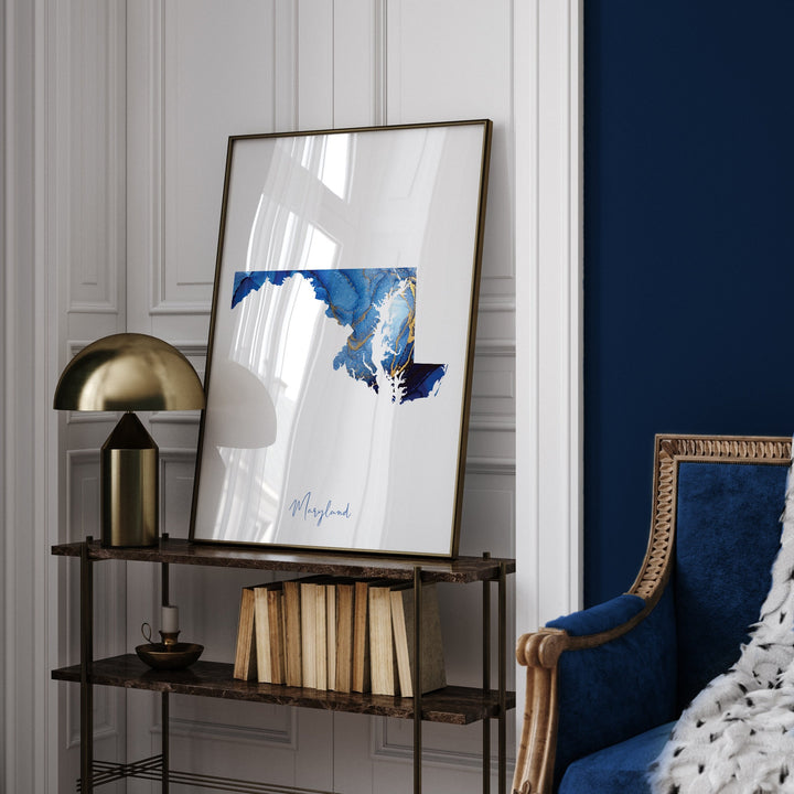 Maryland Map Blue and Gold Wall Art Print | US State | United States of America | USA