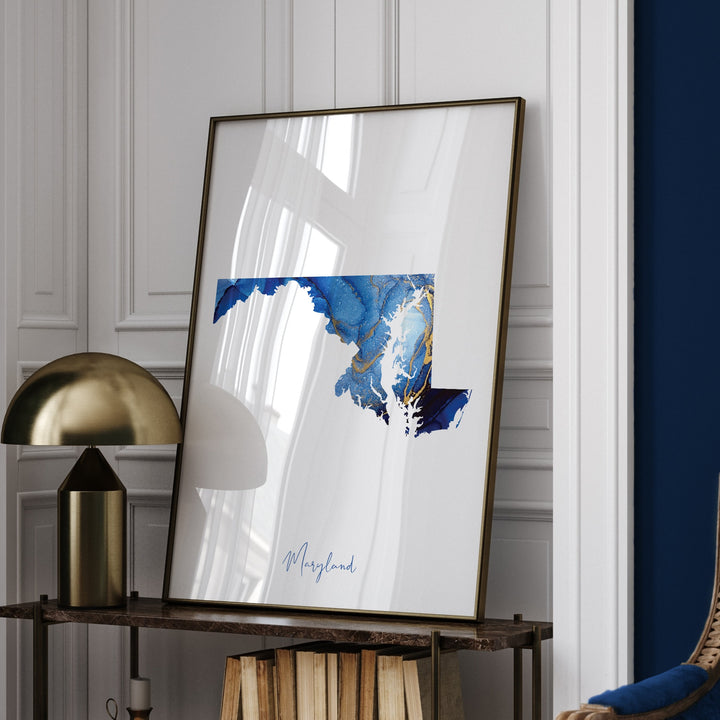 Maryland Map Blue and Gold Wall Art Print | US State | United States of America | USA