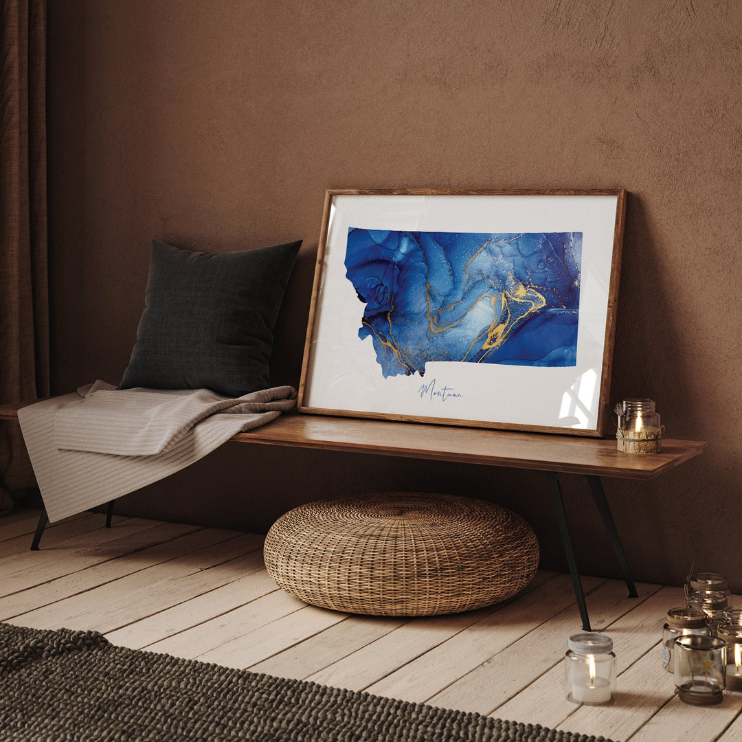 Montana Map Blue and Gold Wall Art Print | US State | United States of America | USA