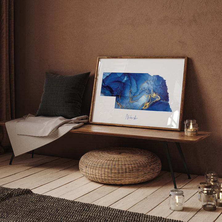Nebraska Map Blue and Gold Wall Art Print | US State | United States of America | USA