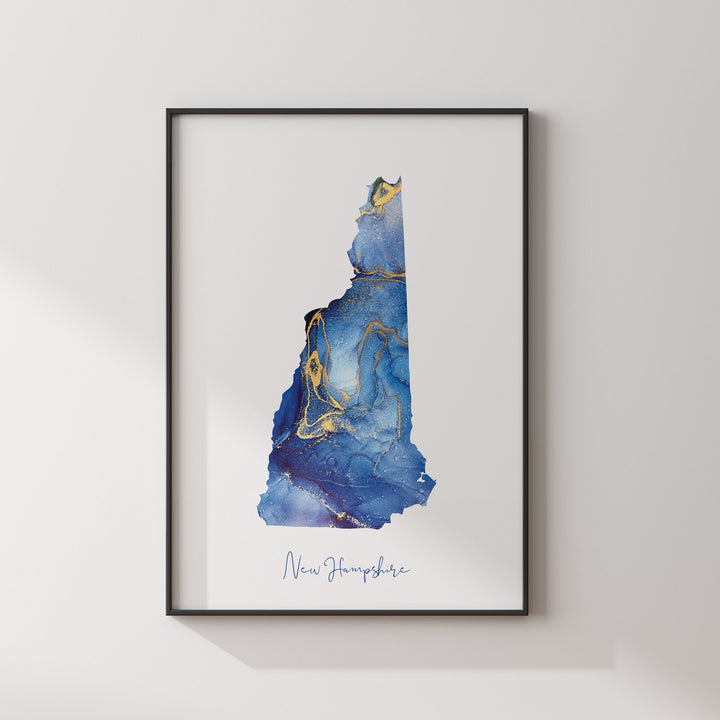New Hampshire Map Blue and Gold Wall Art Print | US State | United States of America | USA