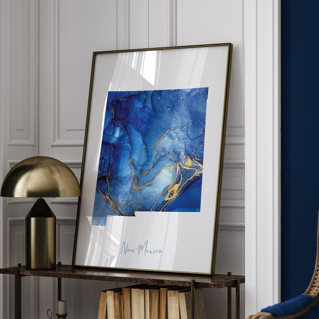 New Mexico Map Blue and Gold Wall Art Print | US State | United States of America | USA